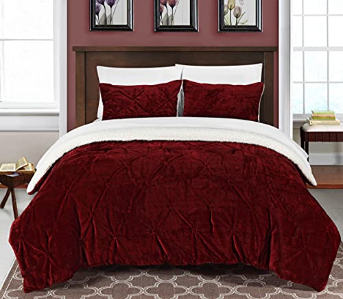 Chic Home 3 Piece Josepha Pinch Pleated Ruffled & Pintuck Sherpa Lined Comforter Set, Queen, Burgundy #TOP1