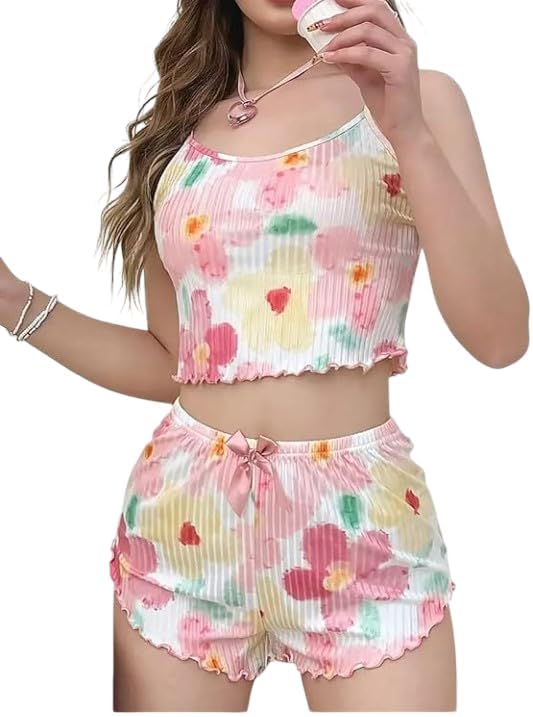 Women's Floral Print Crop Top and Shorts Set, Ribbed Fabric, Sleeveless Cami with Bow Detail-picture-24