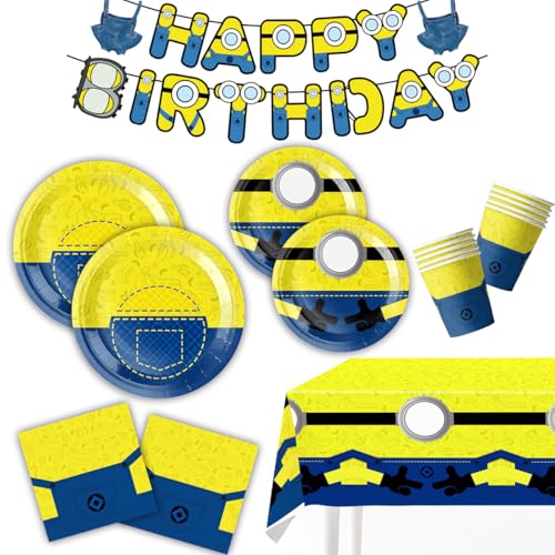Zorpex Cartoon Mini Jeans Birthday Supplies Cute Funny Yellow Blue Happy Birthday Tableware for Kid Party Decoration Supplies with Banner Tablecloth Plate Paper Cup Napkin