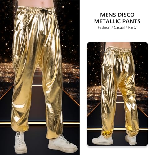 Mens Metallic Pants Disco Outfit Drawstring Waistband Rave Trousers Sequin Joggers with Pockets2