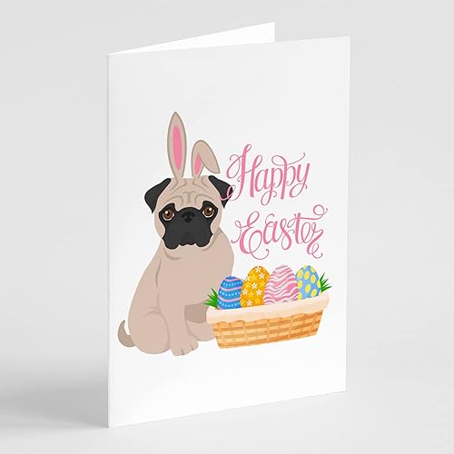 Caroline's Treasures WDK5084GCA7P Fawn Pug Tarjetas de felicitación y sobres de Pascua, paquete de 8 tarjetas en blanco con sobres, tamaño A7,