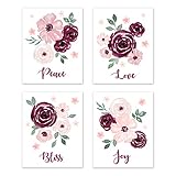 Sweet Jojo Designs Burgundy and Pink Watercolor Floral Wall Art Prints Room Decor for Baby, Nursery, and Kids - Set of 4 - Blush, Maroon, Wine, Rose, Green and White Shabby Chic Flower Farmhouse