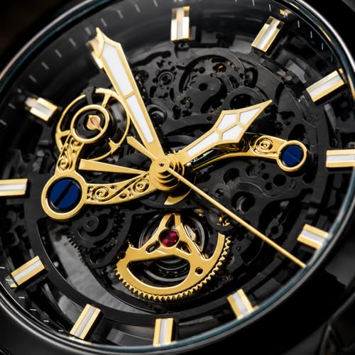 Image of Skeleton Automatic Watch for Men, Mechanical Self Winding Analog Wrist Watch, Black Stainless Steel Chain Strap, Luxury Gold Accent Dial, Waterproof 3ATM, Luminous Hands, Premium Mens Silver Watch