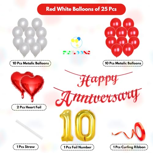 Image of Flyloons 10th Happy Anniversary Decoration Items Red White for Men Women Husband Wife Mom Dad Parent Couple Home Bedroom Car With 20 Pcs Metallic Balloons Anniversary Banner 2 Pcs Heart Set Kit