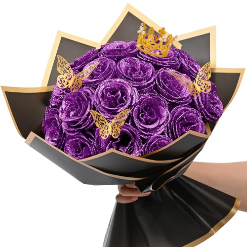 Waipfaru Purple Glitter Roses Bouquet, DIY Flowers Bouquet, Birthday Gifts for Women Mom Grandma Wife Girlfriend, 24 Pcs Fake Rose for Valentines, Mothers Day, Anniversary, Graduation Gifts