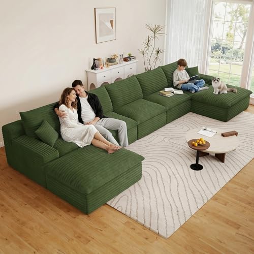 Image of 165 inch Cloud Couch Modular Sectional Sofa for Living Room, U-Shape Boneless Couch with Deep Seat, Modern Corduroy 5-Seater with Ottomans, No Assembly Required, Green