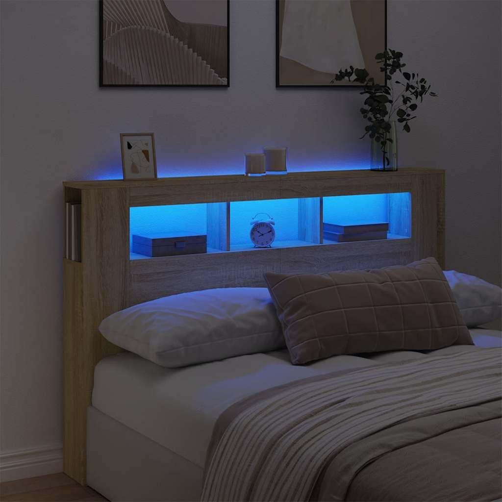 Emmtore Cabecero con LED Cabecera con Almacenaje Cabezal de Cama Cabecero para Dormitorio Madera de Ingeniería Roble Sonoma 160x18,5x103,5 cm