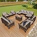 15 Pieces Patio Conversation Sets, Outdoor Furniture Set with Fire Pit Table, Wicker Rattan Sectional Modular Seating Set Includes 2 Three Seater Sofa & 4 Single Armchairs & 4 Ottomans (Gray Cushions)