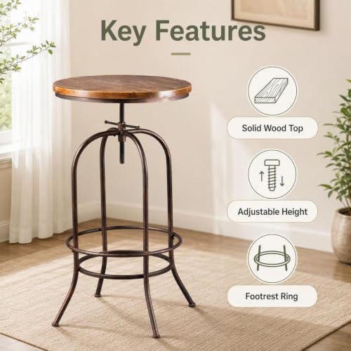 BOKKOLIK Vintage Bar Table Swivel Industrial Style Pub Table Kitchen Dining Tables Height Adjustable 37.4-45.3inch Coffee Table with Footrest - image 2