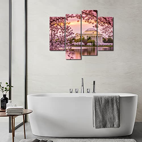 My Easy Art- Washington Wall Art Decor Jefferson Memorial Surrounded By Cherry Blossoms Canvas Pictures Artwork 4 Panel Spring Landscape Painting Prints For Home Living Dining Room Kitchen #TOP3