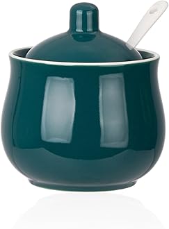 CHILDIKE Ceramic Sugar Bowl with Lid and Spoon, Green Porcelain Sugar Salt Pe...