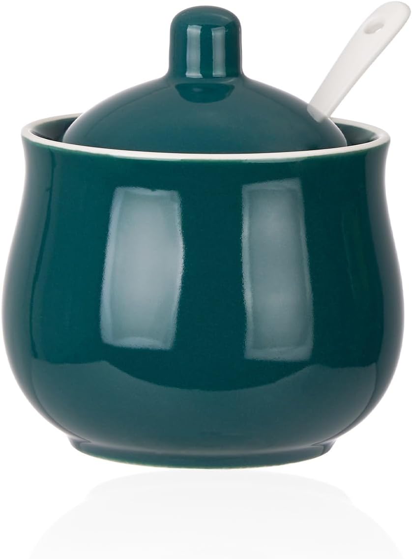 Ceramic Sugar Bowl with Lid and Spoon, Green Porcelain Sugar Salt Pepper Storage Jar, 7 Ounces