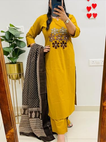 Image of BHARVITA Women's Cotton Embroidered Anarkali Kurta and Palazzo with Dupatta Set | A-line fit
