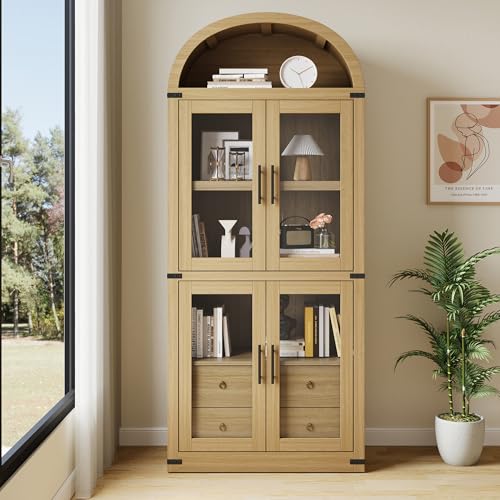 GarveeHome Arched Bookshelf with Doors and Drawers Farmhouse Bookcase 15.83in Depth Display Storage Shelves 71.4in Tall Wooden Display Cabinet Rounded Bookcases