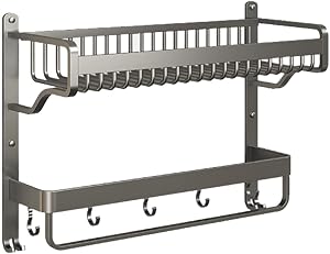ELUKHT Shower Shelf Bathroom Wall Shelf Towel Rack with Towel Bar and Hooks 2 Tier Shower Shelve Bathroom