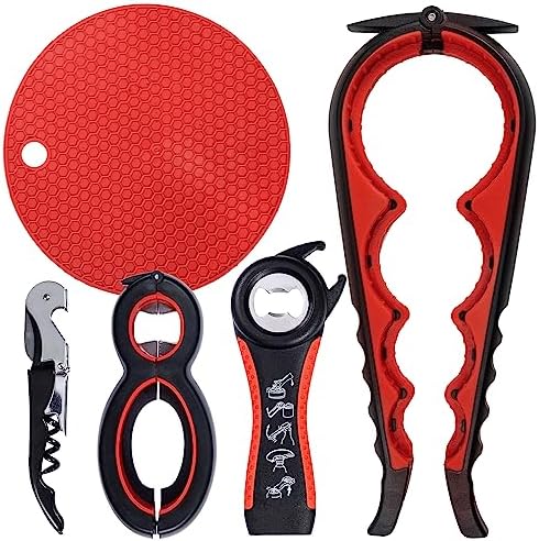Bottle Can and Jar Grip Opener 5 Pack, Multi Kitchen Tools Set for Weak Hands, Children, Seniors with Arthritis, Lid Opener for Children, with Silicone Handle (Red)