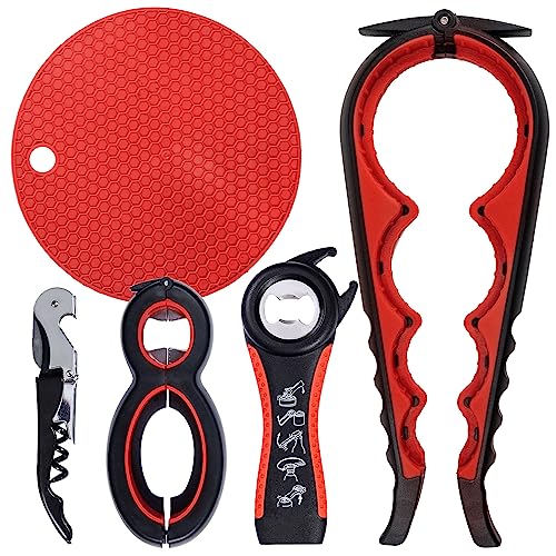 Bottle Can And Jar Grip Opener 5 Pack, Multi Kitchen Tools Set For Weak Hands, Children, Seniors With Arthritis, Lid Opener For Children, With Silicone Handle (Red) #TOP24