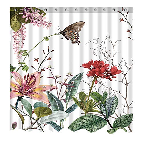 Yuyasm Flower Shower Curtain Fabric Floral Butterfly Tropical Plants Botanical Leaves Flowers Green Red Pink Decor Bathroom Bath Curtains With Plastic Hooks 70X70 Inch #TOP4