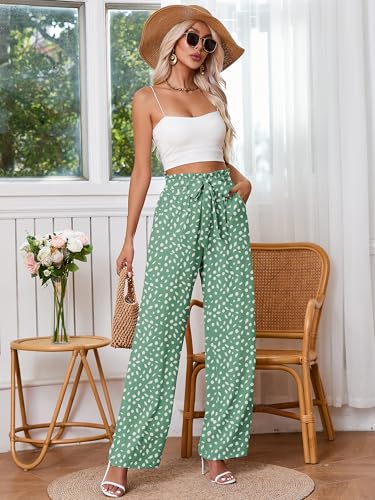 Heymoments Women's Wide Leg Pants with Pockets Leaves Green X-Large Lightweight High Waisted Tie Knot Paperbag Dressy Palazzo Loose Paper Bag Comfy Business Casual Work Flowy Trousers — view 2