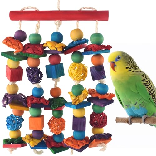 DBNESS Bird Toys, Parakeet Chewing Toy, Multicolored Natural Wooden Blocks Birds Parrot Tearing Toys mit Rattan Wicker Balls, for Medium Small Macaw Cockatoos Budgie Lovebird Cockatiel Conures