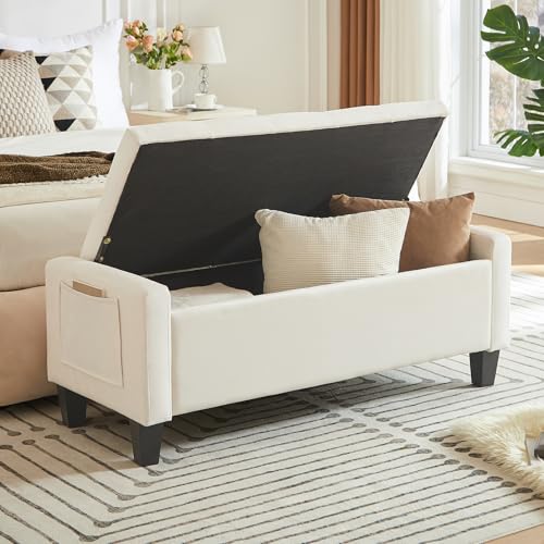 Image of Velvet Storage Ottoman Bench for Bedroom, End of Bed Bench with Button, Side Storage Pockets, Organizer Storage Chest, Upholstered Foot Rest, Load up to 400 lb, for Living Room, Entryway, Beige