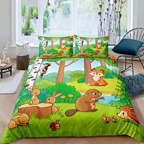 Housse de Couette 140x200 Enfants de Bande Dessinée Lapin Renard Parure de Lit Coccinelle Hérisson 1 Personne en Microfibre Douce Imprimée 3D avec Fermeture Éclair, avec 2 Taies d'oreiller 65x65 cm Cover