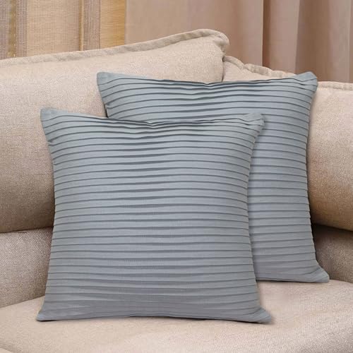 Image of HOME COLORS.IN Cotton Plain Double Side Pleated Cushion Cover - Set of 2-18 x 18 Inch - Gull Grey