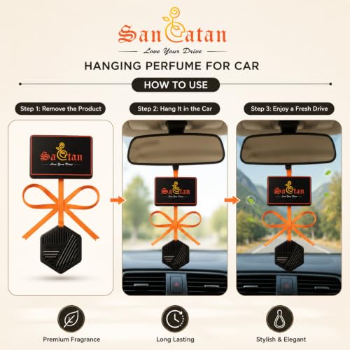Image of YOURKARTS.COM Sanatan Hanging Perfume for Car | Premium Car Air Freshener Hanging with Decorative Orange Ribbon | Stylish Rear View Mirror Perfume for Car Interior, Dashboard Decor & Fresh Drive