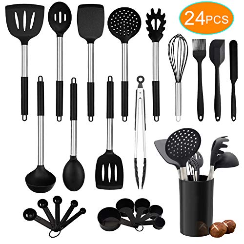 Kitchen Utensils Set, 24pcs Silicone Cooking Kitchen Utensils Set with Heat Resistant BPA-Free Silicone and Stainless Steel Handle Turner Spatula Spoon Tongs Whisk Measuring Cups Kitchen Tools Set