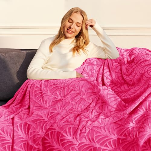 Whale Flotilla Flannel Fleece King Size Blanket for Bed, Soft Fluffy Velvet Bedspread Coverlet with Decorative Vintage Pattern for All Season, Warm and Lightweight, 90x104 Inch, Hot Pink
