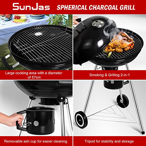 SunJas Holzkohle-Kugelgrill mit Deckel, Rundgrill Durchmesser 57 cm, Holzkohlegrillwagen mit Rädern, BBQ Grill schwarze Emaille