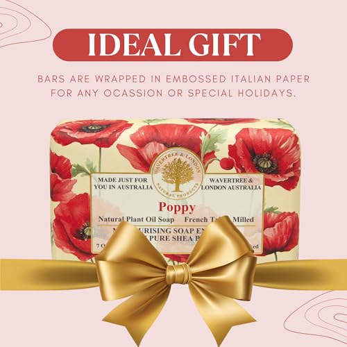 Image of Wavertree & London Poppy Scented Natural Soap (2 Bars), 7oz Moisturizing French Triple Milled Soap Bars enriched with shea butter - Pure Plant Based Bath & Body Bars for All Skin Types