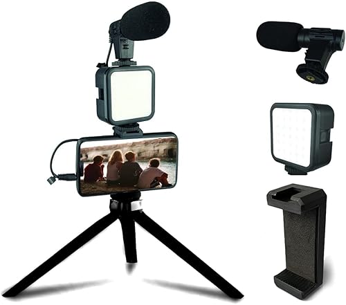 Acuvar Kit de inicio de vlogging para iPhone, Android con trípode de 10 pulgadas, 36 luces LED, soporte para teléfono y micrófono de mini escopeta