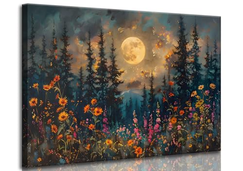 Full Moon Forest Canvas Wall Art Moonlit Pine Tree Mountains and Wildflowers Woodland Nature Landscape Picture Wall Decor Poster Print Artwork for Bedroom Living Room Home Decoration