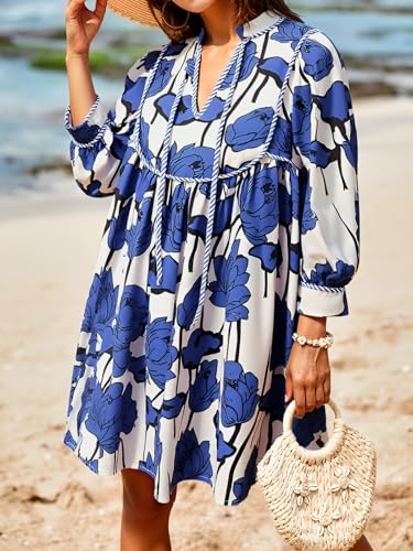 Image of Cicy Bell Womens Floral Mini Dresses 3 /4 Balloon Sleeve V Neck Flowy Babydoll Dress Summer Beach Vacation Boho Outfits