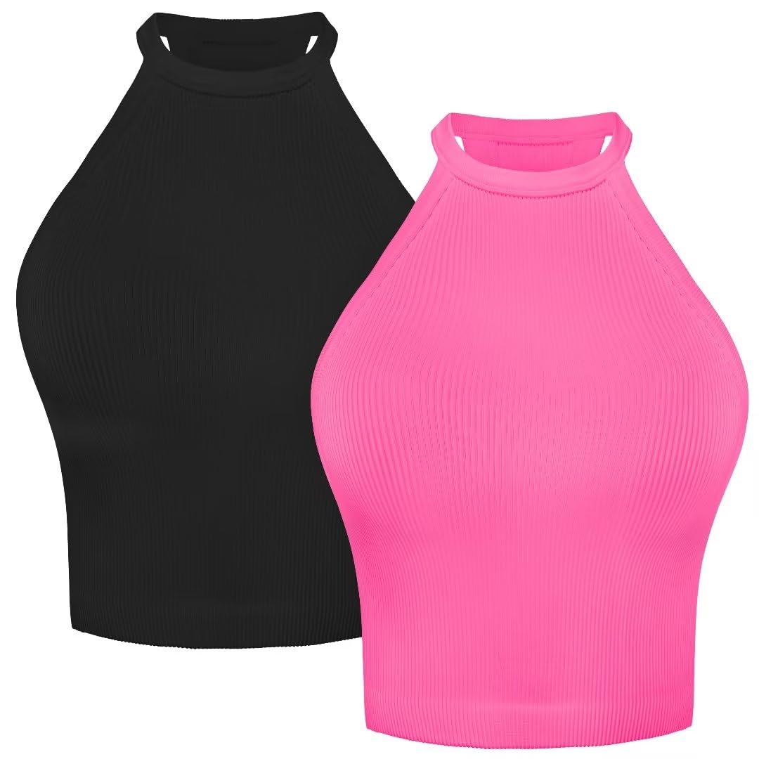 Sunzel Débardeur côtelé pour femme, haut court sans couture, dos nu, col haut, haut court basique sans manches, pour entraînement, yoga, athlétique, Noir + rose vif (longueur de la taille) - Lot de 2,