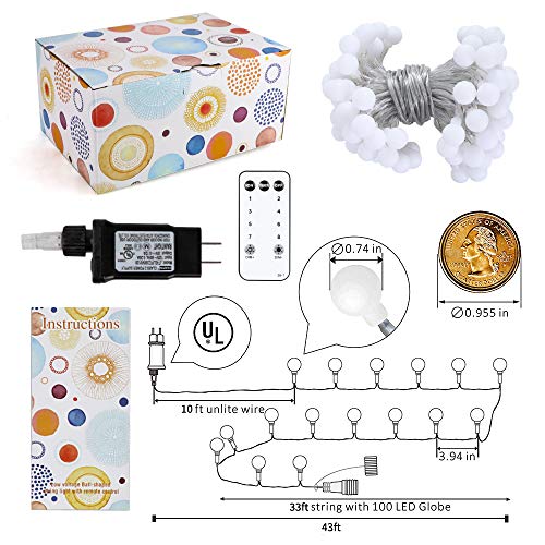 Lichtsnoer met bollen, 15 m, 100 leds, insteken, 8 modi, met afstandsbediening en timer, waterdichte verlichting voor… - Afbeelding 7