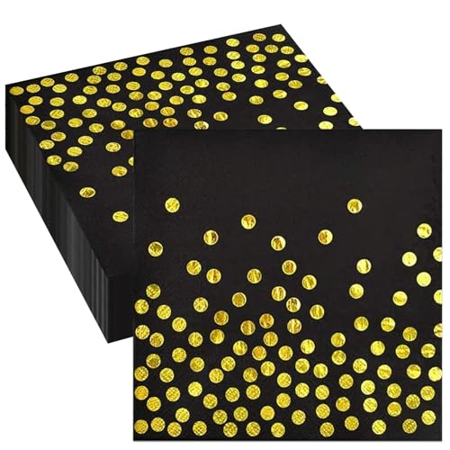 Wentsent Servietten Schwarz Gold, 100 Stück Goldfolie Gästeservietten, Golddruck Gepunktete Einweg Papier Servierten, Papierservietten für Geburtstag, Hochzeiten, JubiläEn, (HA3096-0204-100P)