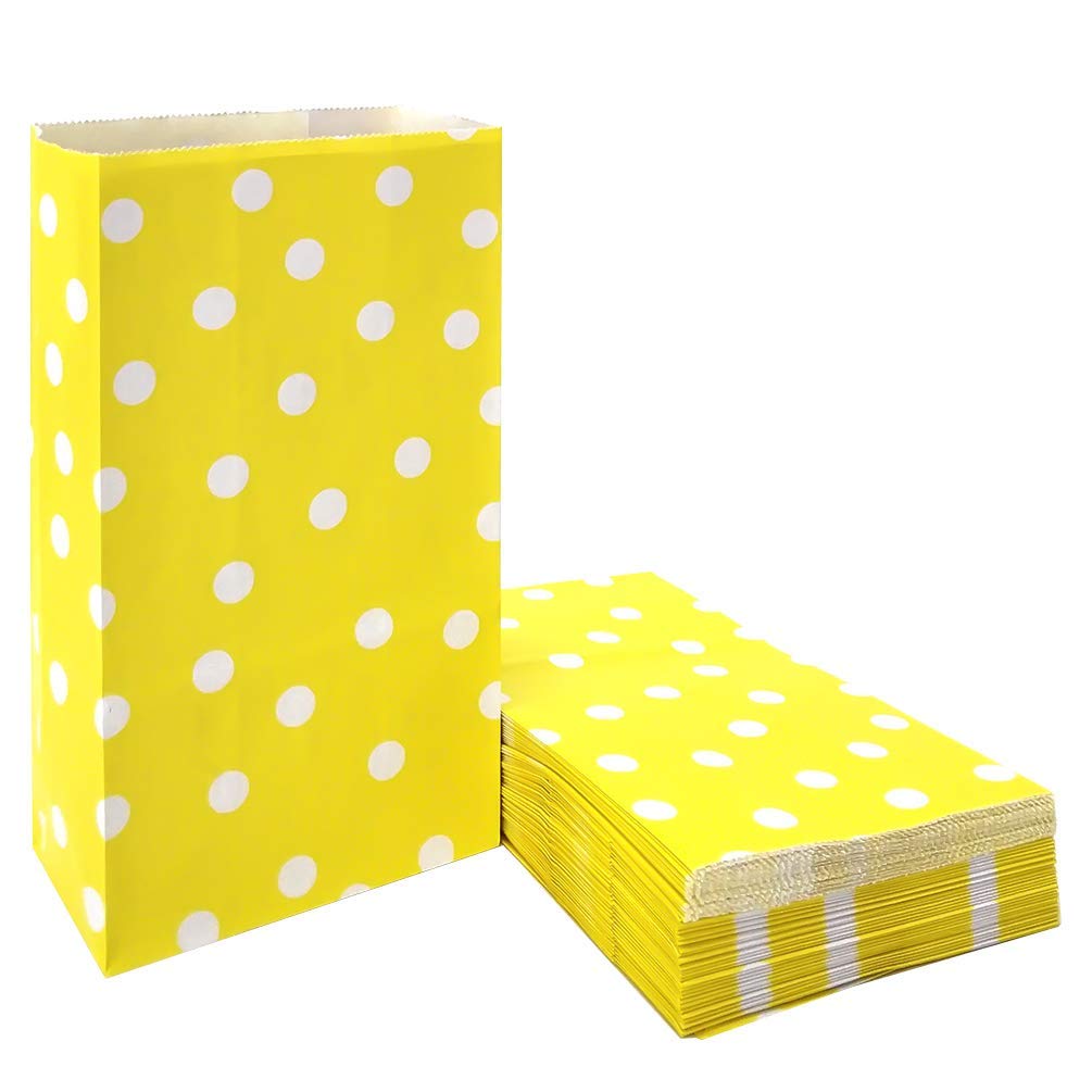 ADIDO EVA Yellow Kraft Paper Bags Biodegradable Polka Dot Paper Lunch Bags for Kid’s Birthday Party Favor (Small 5.1 x 3.1 x 9.4 in 100Pcs)