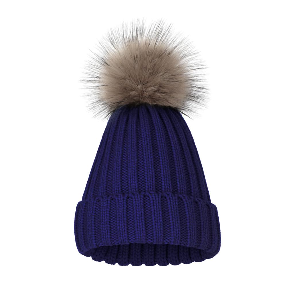 Van Der Linn Adult Kids Knitted Winter Warm Beanie Fur Bobble Woolly Pom Pom Hat (Adults, Navy Blue)