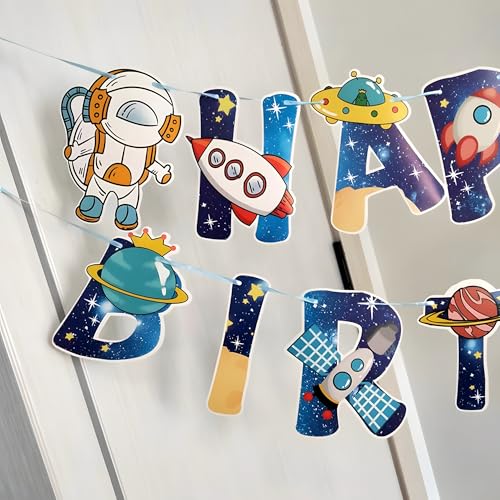 Image of Juzfun Happy Birthday Letter Banner Space Themed Alphabet Letters Wall Hanging Decoration Glossy Paper Material