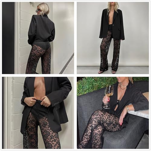 Women Floral Lace Sheer Mesh Pants See Through Straight Leg Pants Hollow Out Trousers Cover Up Y2k3
