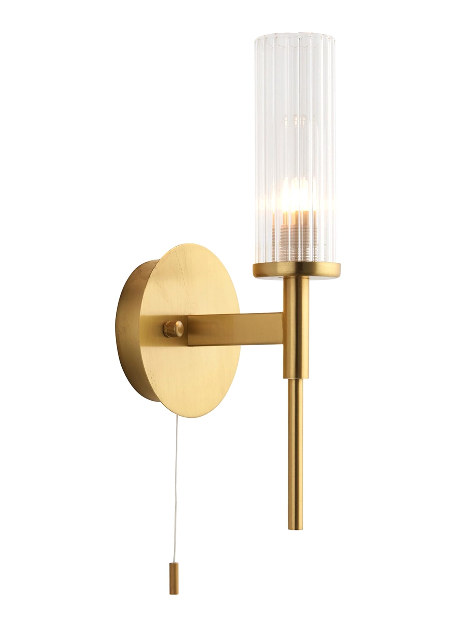 National Lighting Taylor 3W LED G9 Bathroom Wall Light - Satin Brushed Gold Wall Light with Clear Ribbed Glass, Elegant Lighting for Vanity & Bathroom - IP44 Vintage Lamp with Pull Cord Included