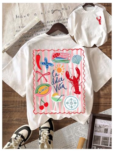 Image of RoseSeek Women's Graphic Letter Tee Crew Neck Trendy Summer Vintage T Shirt
