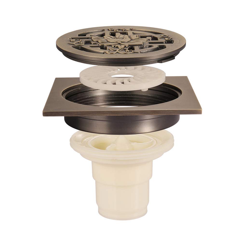 Desagüe de Ducha Cuadrado, Desagüe de Piso de Bronce Desagüe de Piso de Latón para Ducha con Rejilla de Cubierta Desmontable Desagüe de Desagüe de Ducha de Baño, 4 Pulgadas
