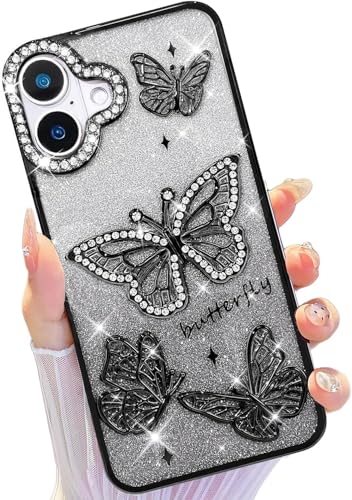 Image of VONZEE Electroplated Butterfly Case Compatible with iPhone 17, Pearlescent Diamond Sparkle Soft TPU Cover, Shockproof Drop Protection, Camera Lens Guard Stylish Phone Case for Women & Girls, Black