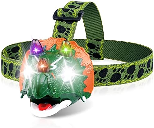 Triceratops LED Headlamp - Dinosaur Headlamp for Kids Camping Essentials | Dinosaur Toy Head Lamp Flashlight for Boys Girls or Adults | Ideal Gift for Birthday, Halloween, Christmas, New Year