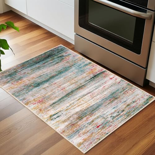 KOZYFLY Modern Abstract Small Area Rugs, 2x3 Washable Kitchen Rug Non-Slip Soft Small Bathroom Rug, Green Striped Entryway Rugs Abstract Print Faux Wool Doormat for Bedside Entrance Bedroom Sink