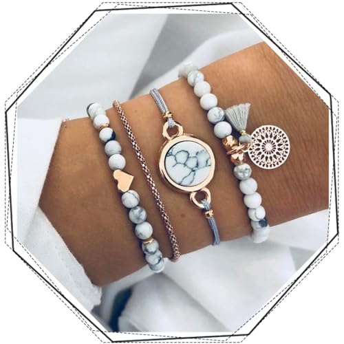 Edary 4 x Pulseras de Borlas de Mármol Blanco con Corazón y Perlas Ajustable...