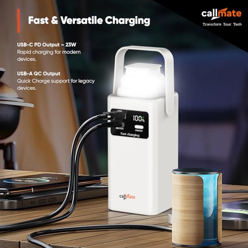 Image of CALLMATE Tripmate 20000mAh 23W Fast Charging Power Bank, USB-C PD + USB-A QC Output with Detachable Type-C & Lightn-ing Cable (LED Foldable Light with Digital Display)(Off-White)